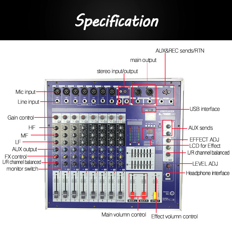 LAIKESI Power 8 قنوات خلاط صوت مع USB Power Mixer Amplifier مع حقائب سفر