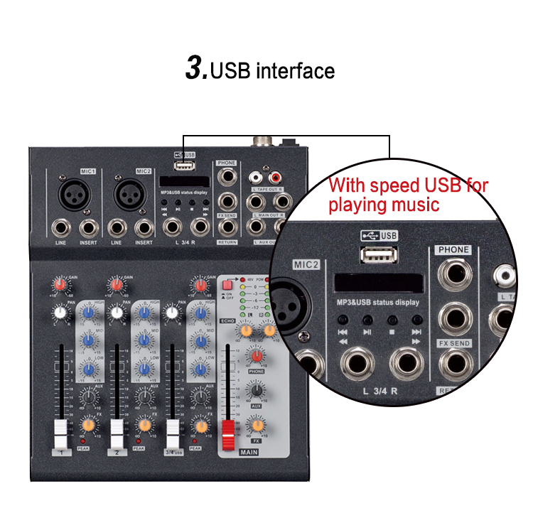 Mini mezclador de audio con USB/consola mezcladora de suministro de fábrica profesional